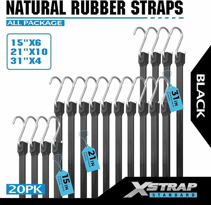 XSTRAP STANDARD Multiple Size Natural Rubber Tarp Bungee Straps Tie Down Cords with S Hooks Heavy Duty Ideal for Securing Tarps - 20 Pack