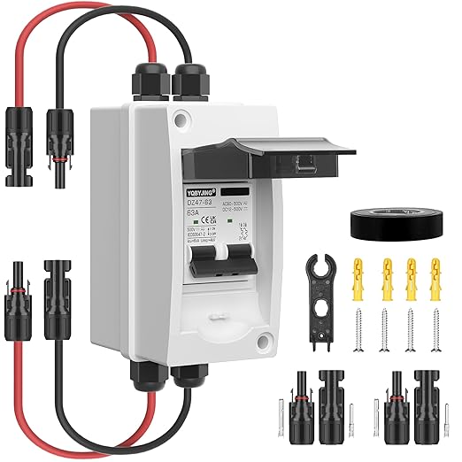 Solar Panel Disconnect Switch 63 Amp 4 Holes DC AC Miniature Circuit Breaker 500V 2 Poles with PV Connector and IP65 Waterproof UV-Proof Box for Outdoor Solar PV Homes Battery