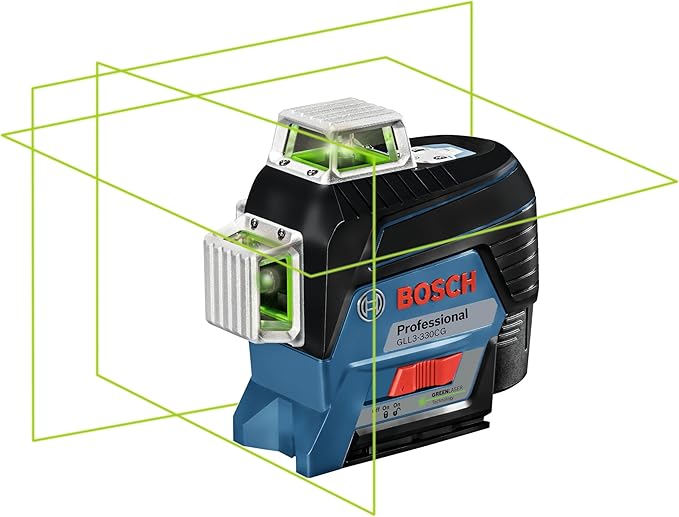 BOSCH GLL3-330CG 200 Ft 12V Max Connected 360 Degree Green-Beam Laser, Includes 2.0 Ah 12V Max Lithium-Ion Battery & Charger, AA1 Alkaline Battery Adapter, Hard Carrying Case, & Accessories