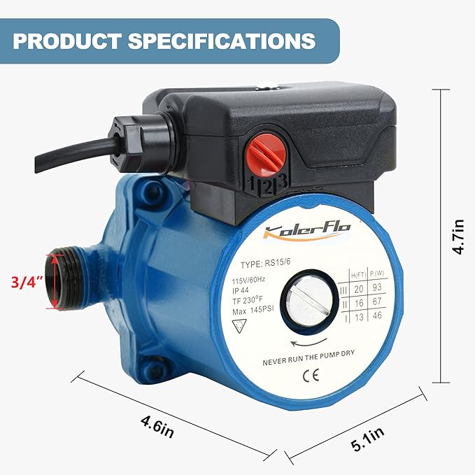 115V Water Recirculating Pump 3/4 Inch Circulating Water Pump for Water Heater System(RS15-6 Blue)
