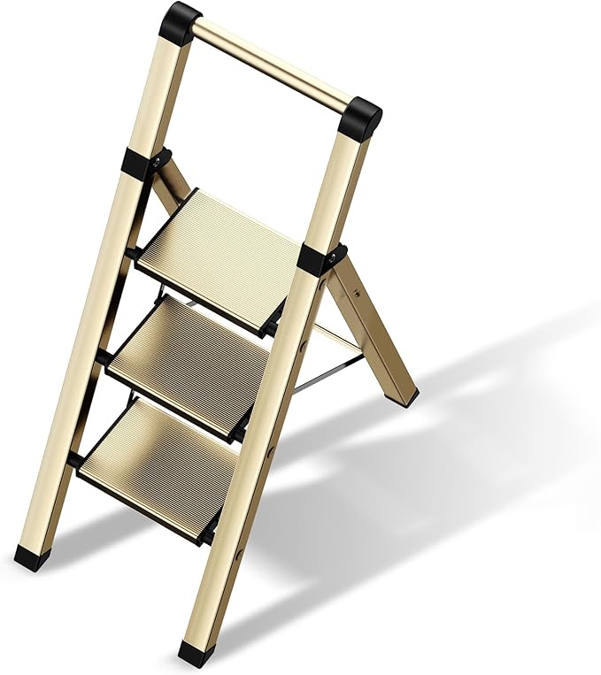 3 Step Ladder,Folding Step Stool with Aluminum Wide Pedal& Convenient Handgrip,330lbs Capacity Steel Ladder for Household and Office(Gold)