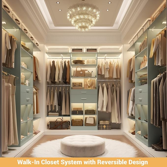 5FT Small Closet System, Baby Closet Organizer System with Wooden Drawers, 60 Inches Walk in Closet System with 5 Hanging Rods and 3 Reversible Hanging Shelving, Crab Green