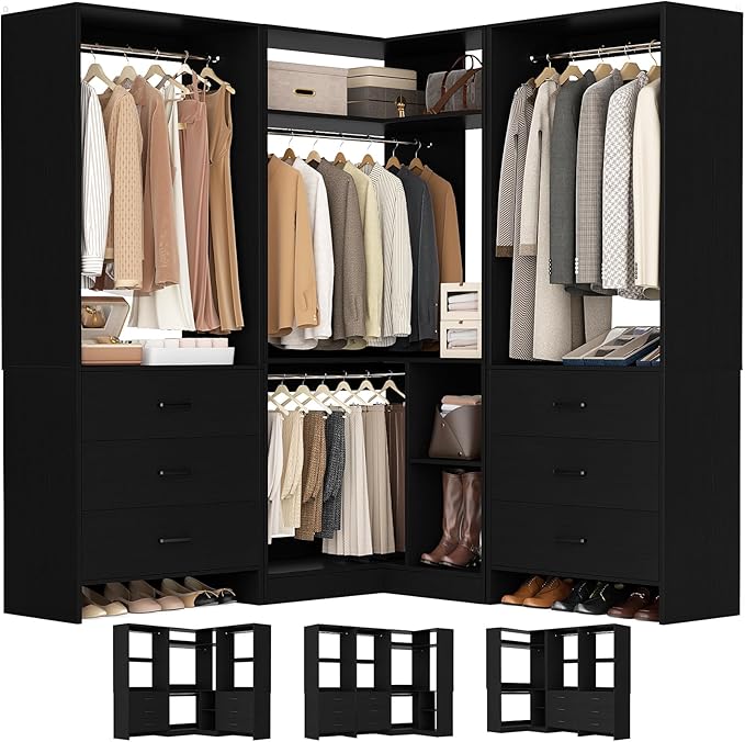 Aheaplus Closet System with 6 Drawers, 4 Hanging Rods & Corner Tower, Corner Closet System with Hanging,80.9" L-Shaped Walk-In Wardrobe Organizer, 2000+ lbs Capacity, Set of 3, Black