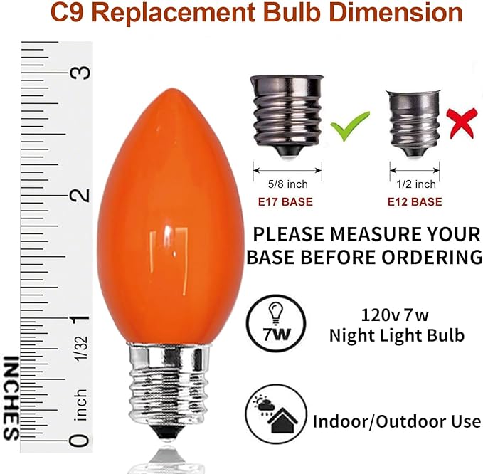 25 Pack C9 Multicolor Christmas Light Bulbs, C9 Multicolor Replacement Bulbs for Outdoor Patio Christmas String Lights, 7W Incandescent Night Light Bulbs, C9/E17 Intermediate Base Bulb,120V 7W bulb