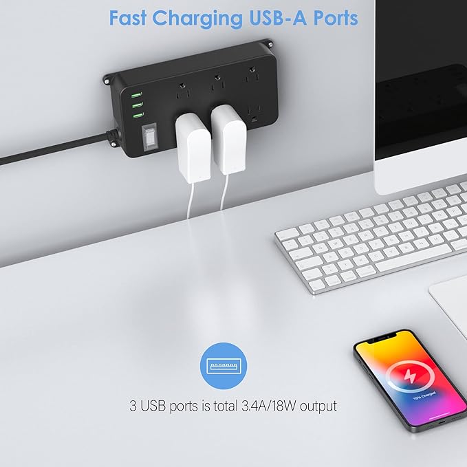 Outdoor Power Strip Weatherproof with USB,Waterproof Surge Protector,3 USB Ports,6 Outlets,Multi Plug Electrical Outlet for Camping,Home Office Patio Porch,etc,6FT Cord,Flat Plug