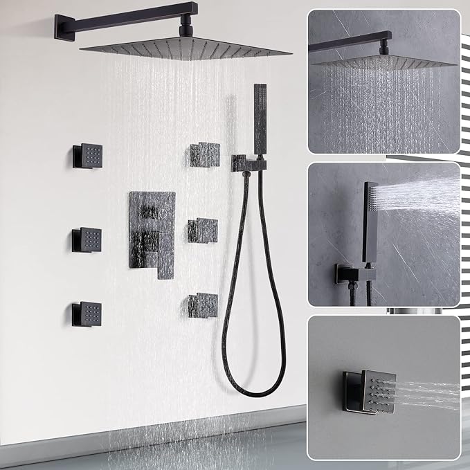 Enga Oil Rubbed Bronze Shower System with Body Jets, 12 Inch Rainfall Shower Wall Mounted Full Body Shower System Contain Rough-in Shower Valve Shower Combo Set