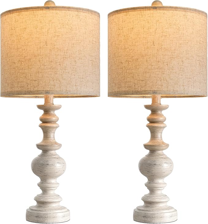 BOBOMOMO 24" Farmhouse Resin Table Lamp Set of 2, Vintage Lamps for Living Room Bedroom with Linen Shades, Traditional Rustic Bedside Lamps Retro Table Lamps for Living Room, Bedroom, Office