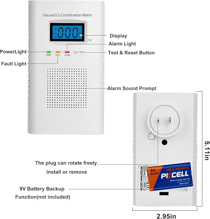 Plug in Combination Gas & Carbon Monoxide Detectors - Natural Gas Detectors & Carbon Monoxide Alarm for Home, Co Detector & Gas Detectors with Digital Display,Holds 9V Battery (not Included)
