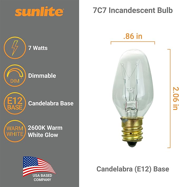 Sunlite 01280 7C7 Incandescent Bulb, 7 Watt, Candelabra E12 Base, C7 Small Night Light, Colored Bulb, Clear, 25 Count