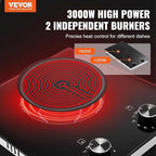 VEVOR Electric Ceramic Cooktop, Built-in Electric Stove Top, with Glass Panel, Knob Control, 11 Heat Levels, for Diverse Cooking Requirements (12inch-2burners/220V)