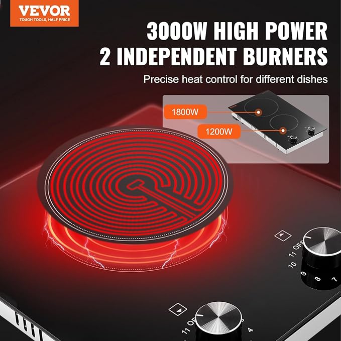 VEVOR Electric Ceramic Cooktop, Built-in Electric Stove Top, with Glass Panel, Knob Control, 11 Heat Levels, for Diverse Cooking Requirements (12inch-2burners/220V)