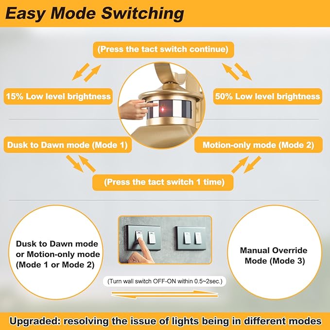 Large Motion Sensor Outdoor Wall Light 20" - Gold Dusk to Dawn Outdoor Lighting, Modern Wall Mount Light Fixture, Waterproof Porch Light Fixture for Outside House Garage, 3 Modes/Anti-Rust