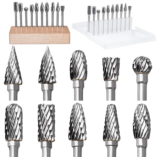 10Pcs 1/8" Shank Carbide Burr Bits Compatible with Dremel w/ Beech Holder Bits Metal Grinding Bits Attachments Cutting Burrs Metal Grinding Engraving Porting Double Cut Rotary Tool Accessories Set