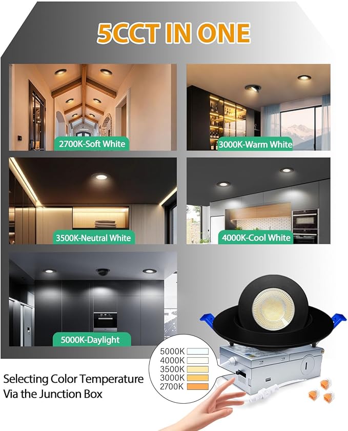 zouzai 4 inch 5CCT Gimbal Black Led Recessed Lights, 360°+90° Adjustable Directional Recessed Lighting, 2700K-5000K Dimmable Retrofit Eyeball Can Lights with Jbox, ETL&Energy Star(Black,1 Pack)