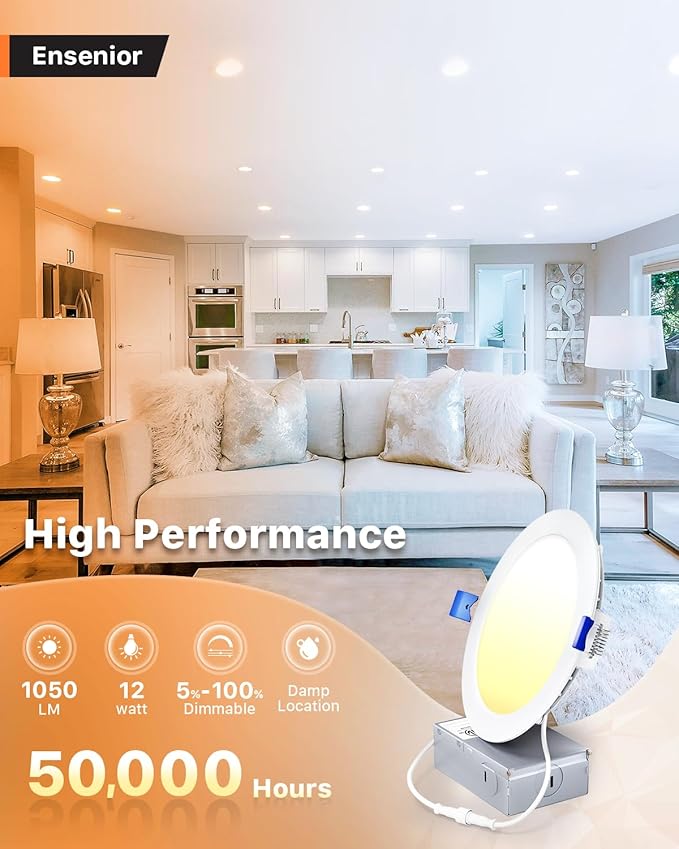 Ensenior 16 Pack 6 Inch LED Recessed Ceiling Light, Dimmable, 2700K Soft White, 1050LM 12W 120V, High Brightness Canless Wafer Downlight - ETL&FCC&IC