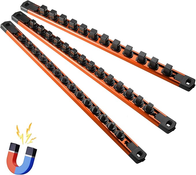 Renietco Magnetic Socket Organizer, 3-Piece Heavty Duty Aluminum Socket Holder, Socket Rail for Tool Box, Premium Quality 360° Swivel Socket Rack Kit with 40 Clips for 1/2, 3/8, 1/4-Inch(Orange)