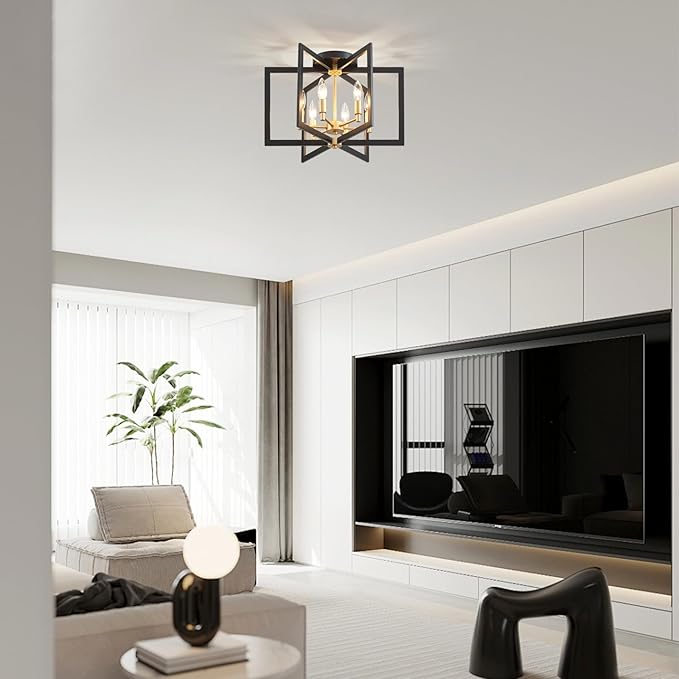 Ceiling 6-Light Black and Gold 20" Modern Geometric Semi Flush Mount Ceiling Lighting Fixture for Kitchen Island Living Room Dining Room Entryway