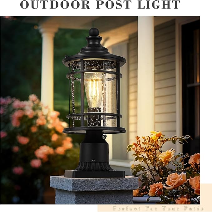 Emliviar 14.9 Inch Dusk to Dawn Outdoor Lamp Post Light, Black Pole Light Fixture with Photocell Sensor, Outdoor Post Lantern with Seeded Glass Shade, XE229P PC BK