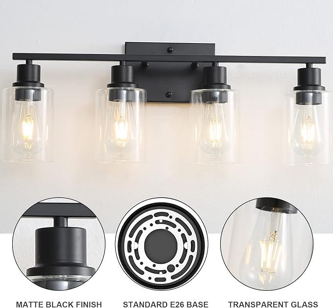 EMONG 4 Light Bathroom Vanity Light, Matte Black Bathroom Light Fixtures with Glass Shade, Modern Wall Sconces Lighting for Bathroom,Mirror,Farmhouse,Hallway