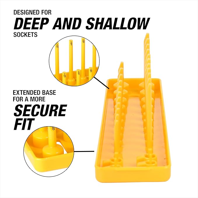 OEMTOOLS 22238 6 Piece SAE and Metric Socket Tray Set, SAE and Metric Socket Storage for Sizes 1/4", 3/8”, and 1/2" Drive, Socket Holders and Socket Organizer Tray for Toolbox, Black and Yellow