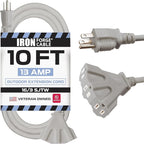 Iron Forge Cable 10 ft Gray Outdoor Extension Cord with Multiple Outlets, 16/3 SJTW 10 Foot Grey Outdoor & Indoor Extension Cord with 3 Outlets, 3 Prong, Weatherproof 13 Amp Heavy Duty Power Cable