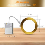 ZYC Recessed Lighting 6 Inch - 12W 1100LM LED Recessed Ceiling Light with Night Light,2700K/3000K/4000K/5000K/6000K Selectable Ultra-Thin Lighting,Dimmable Canless Wafer Downlight,Pack of 6（Gold）.