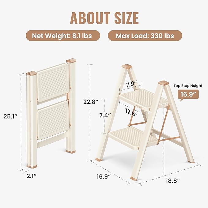 GameGem 2 Step Ladder, 2 Step Stool for Adults, Folding Step Ladder with Secure Footing, Widened Pedal, Aesthetically Pleasing Looking, Blends Right into Domestic Rooms, Cream Chocolate