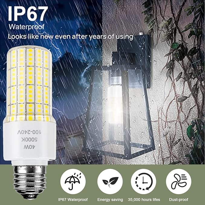 2 Pack 40W Led Light Bulb(300W Equivalent) 5000 Lumens 5000K Daylight White Led Bulbs E26/E27 Medium Base for Indoor Outdoor Street Office Warehouse Workshop Garage Backyard