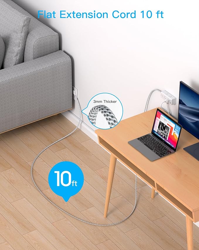 10 Ft Power Strip Surge Protector - One Beat 6 Widely Outlets with 3 USB Ports(1 USB C), 3 Sided Outlet Extender, Flat Plug Extension Cord, Wall Mount Power Strip for Home Office Travel College Dorm