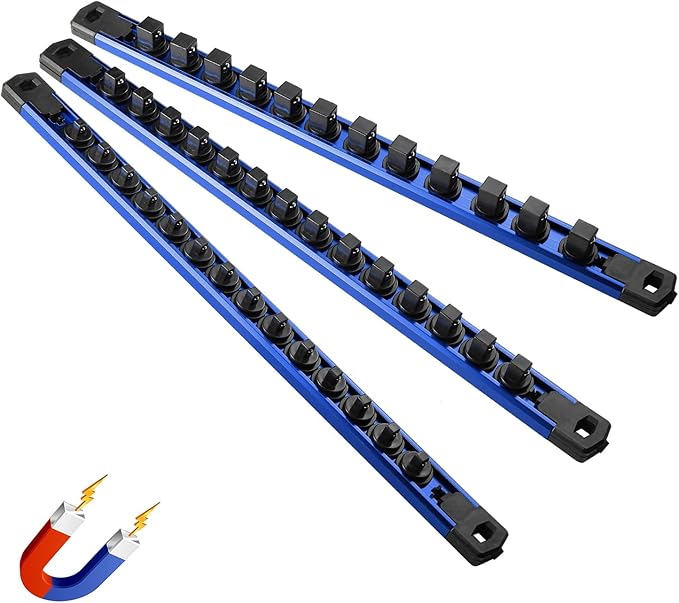 Magnetic Socket Organizer, 3-Piece Heavty Duty Aluminum Socket Holder, Socket Rail for Tool Box, Premium Quality 360° Swivel Socket Rack Kit with 40 Clips for 1/2, 3/8, 1/4-Inch(Blue)