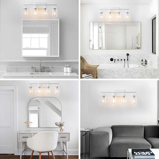 4 Light White Bathroom Light Fixtures Vanity Light Over Mirror Modern Wall Lighting Sconces Rustic Industrial Wall Lamp for Bathroom, Bedroom, Living Room E26 Socket with Glass Shade
