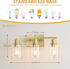 EMONG Gold Bathroom Light Fixtures, 3-Lights Vanity Light with Clear Glass Shade, Brushed Brass Wall Sconce for Hallway, Farmhouse, Living Room