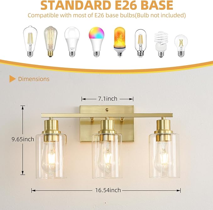 EMONG Gold Bathroom Light Fixtures, 3-Lights Vanity Light with Clear Glass Shade, Brushed Brass Wall Sconce for Hallway, Farmhouse, Living Room