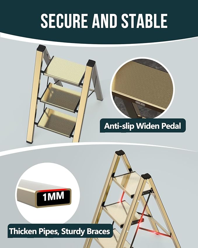 WOA WOA Step Ladder, 3 Step Foldable Step Stool with Widen Pedals, Portable Home Ladders for Kitchen, Lightweight Aluminum Stepladder, Compact Ladder for Space Saving (300lbs, Gold)