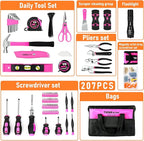 THINKWORK Pink Tool Set - 207 Piece Lady's Portable Home Repairing Tool Kit with 13'' Wide Mouth Open Storage Tool Bag, Perfect for DIY, Home Maintenance - Christmas Gift for Women, LHTS-034