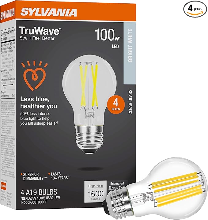 Sylvania LED TruWave Natural Series A19 Light Bulb, 100W Equivalent, Efficient 15W, 1600 Lumens, Medium Base, Dimmable, Clear, 3500K, Bright White - 4 Pack (42274)