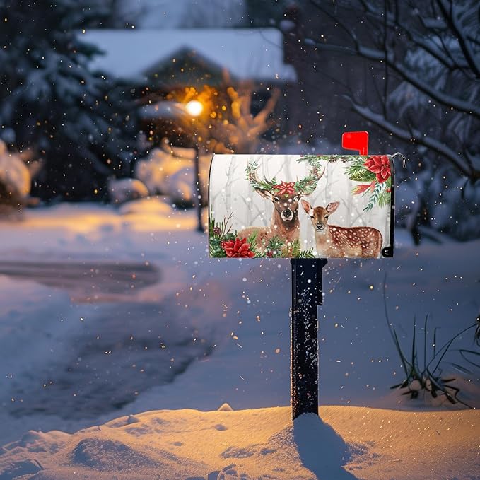 Xmas Deer Mailbox Covers Magnetic Standard Size Winter Floral Mailbox Wraps 21x18 Inch Christmas Deer Post Box Cover Outside Decorations for Garden Yard