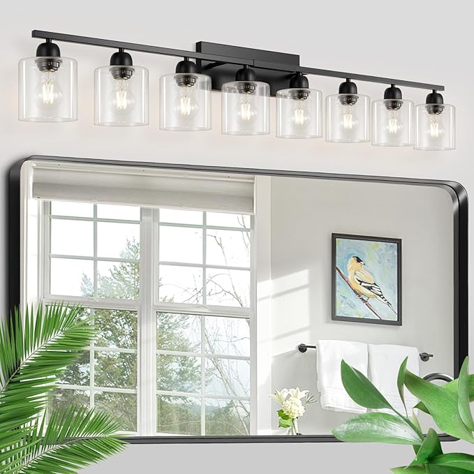 Modern 8 Light 52 inch Vanity Lights for Bathroom with Clear Glass, Black Bathroom Light Fixture for Mirror Kitchen Living Room Hallway Cabinet Porch