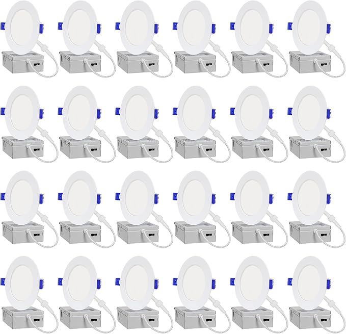 LAMPHOME 24-Pack of 4-Inch Slim LED Recessed Lights with Junction Box, Adjustable Color Temperatures (2700K-5000K), 9W Equivalent to 75W, Dimmable, 950LM Brightness - ETL and Energy Star Certified