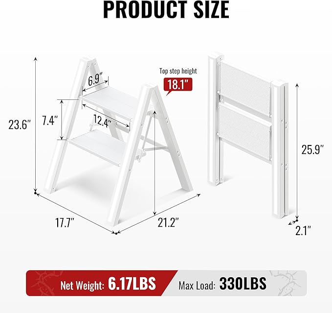 GameGem 2 Step Ladder, Aluminum Folding 2 Step Stool with Anti-Slip Sturdy and Wide Pedal, Lightweight Portable Stepladder for Home and Kitchen Use Space Saving, Cream White, 330 lbs