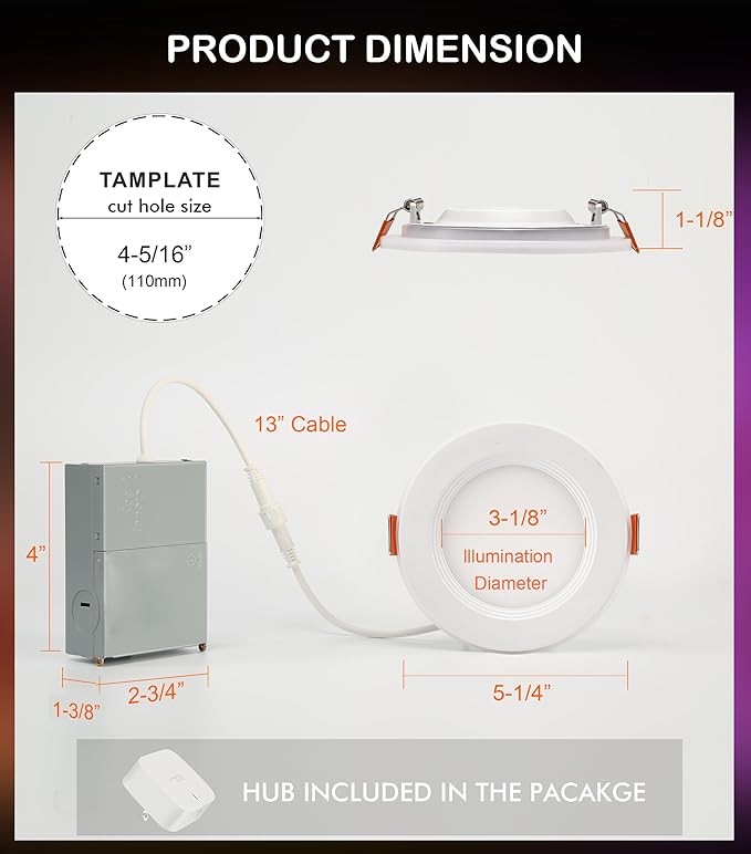 CLOUDY BAY [6 Pack] 4 Inch Smart LED Recessed Ceiling Light with RGB Back Light,Hub Included,10W 2700K-6500K,2W Color Changing Ultra-Thin Recessed Lighting, Baffle Trim Wafer Downlight, Hub Included