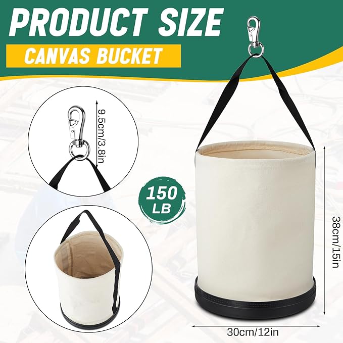 2 Pack Utility Canvas Tool Bucket 15" x 12" All Purpose Canvas Bucket Bag, Truck Tool Organizer with Plastic Bottom Metal Hook for Store Work Accessory, Load Capacity up to 150 Lbs (White)