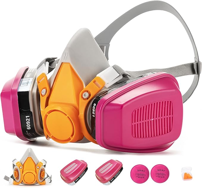 RANKSING Respirator Mask with Filters and Glasses to Against Dust Gases Fumes in Painting Spraying Sanding Orange/Pink
