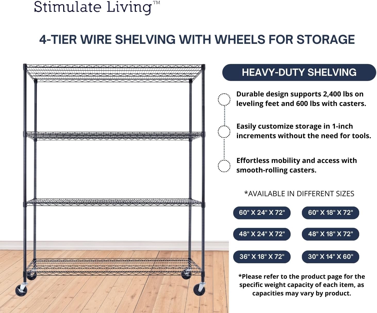 60"x24"x72" PRIME HEAVY DUTY Black 4-Tier Wire Shelving NSF 2400 LBS MAX Capacity Storage Rack for Commercial, School, Home, Garage, Warehouse, Industrial, and Hospital Uses (with Wheels)