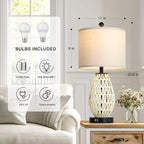 White Rattan Table Lamps Set of 2, 3 Way Dimmable Touch Control Bedside Lamp for Nightstand with 2 USB Ports and AC Outlet, Woven Wicker Bedroom Lamp, Boho Farmhouse Lamps for Living Room End Table