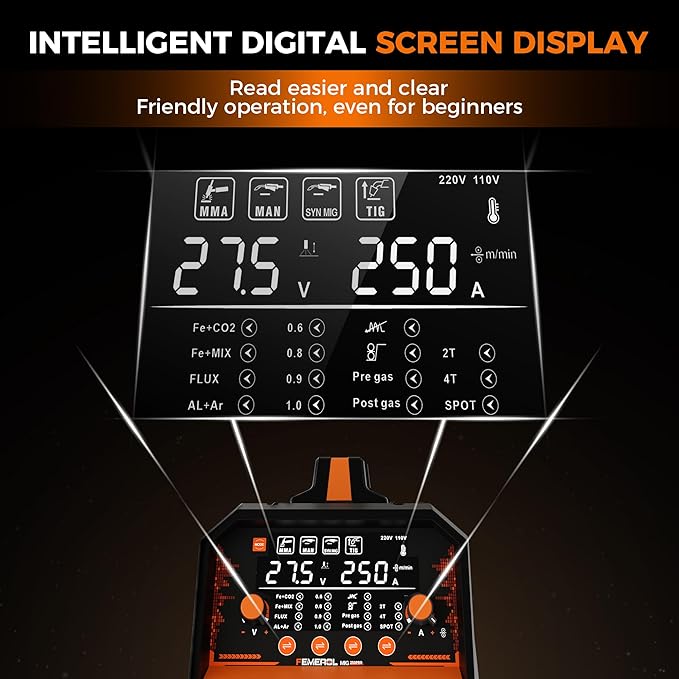 250A MIG Welder,6 in 1 Gas MIG/Gasless Flux Core/Stick/Lift TIG/Spot Welding/Spool Gun Compatible Aluminum Welding Machine Large LED Display 110V/220V Multi Process Welder