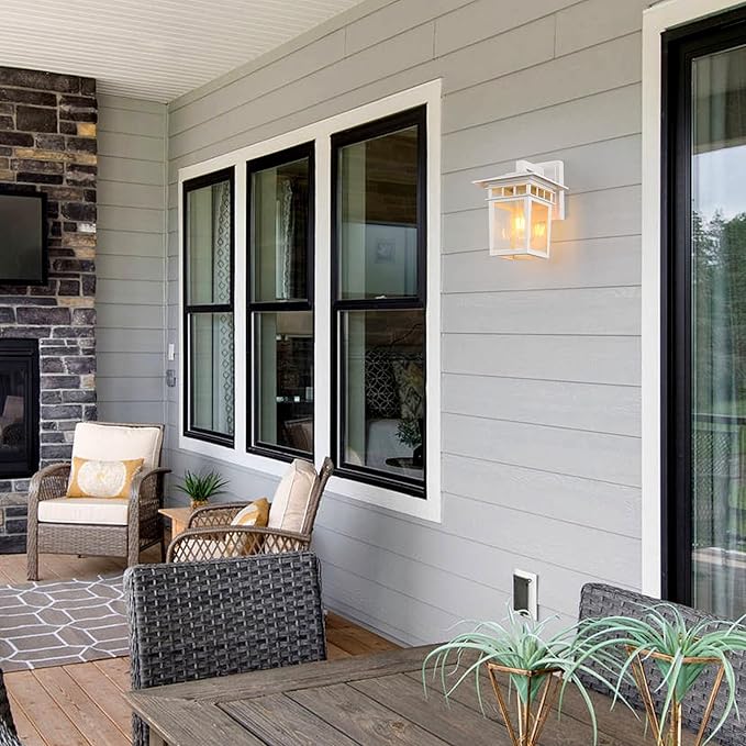 Outdoor Wall Lantern, Exterior Lighting Fixtures Wall Mount, 2 Pack White Outdoor Sconces with Seeded Glass, Exterior Porch/Patio Lights for House Front Door Garage