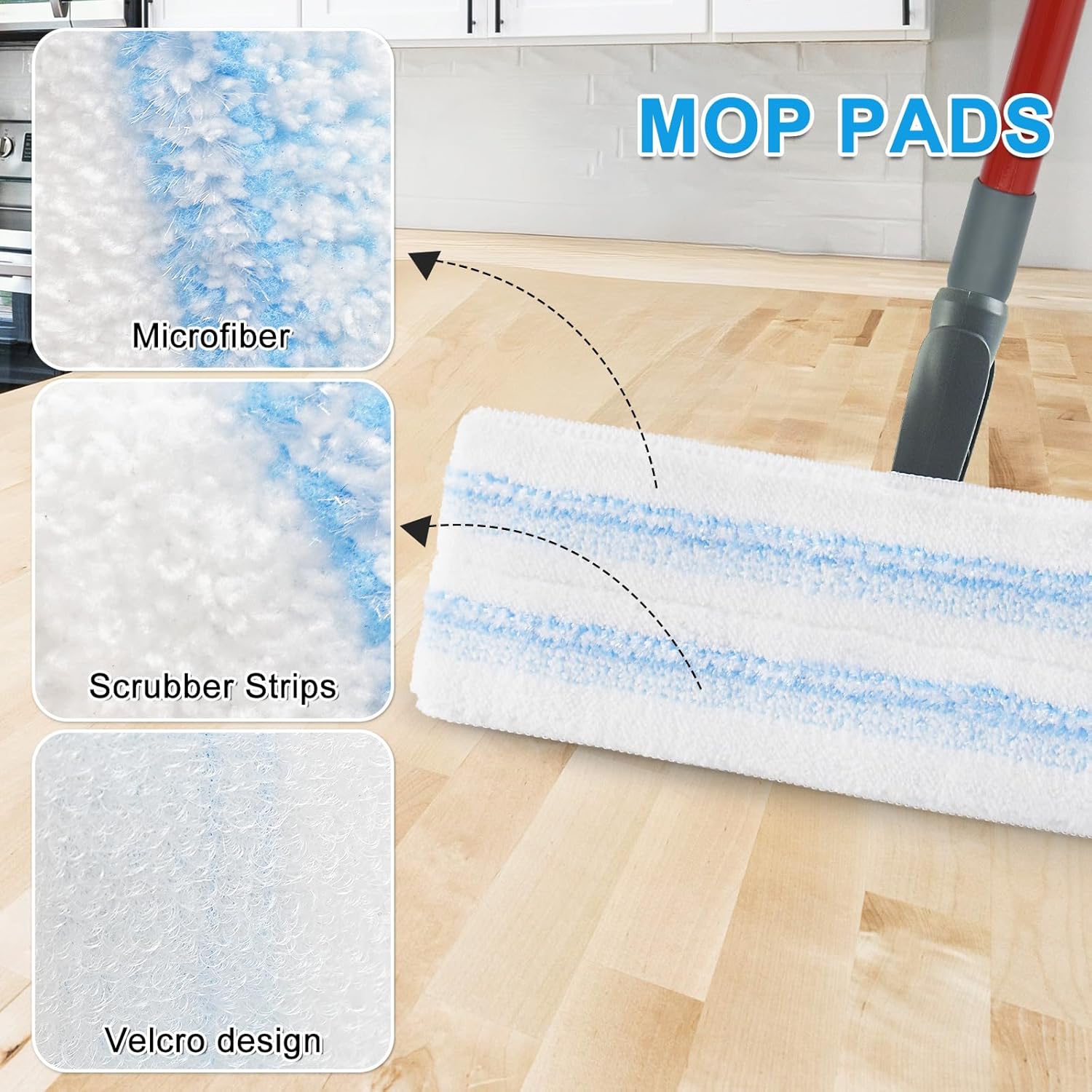 Mop Replacement Pads for Ocedar H2prO Flat Mop System, Mop Handle Mop Refills for O-Cedar H2pro Flat Mop System, Include 4 Pack Mop Pads and 4-Section Mop Handle for Ocedar H2 Pro Mop