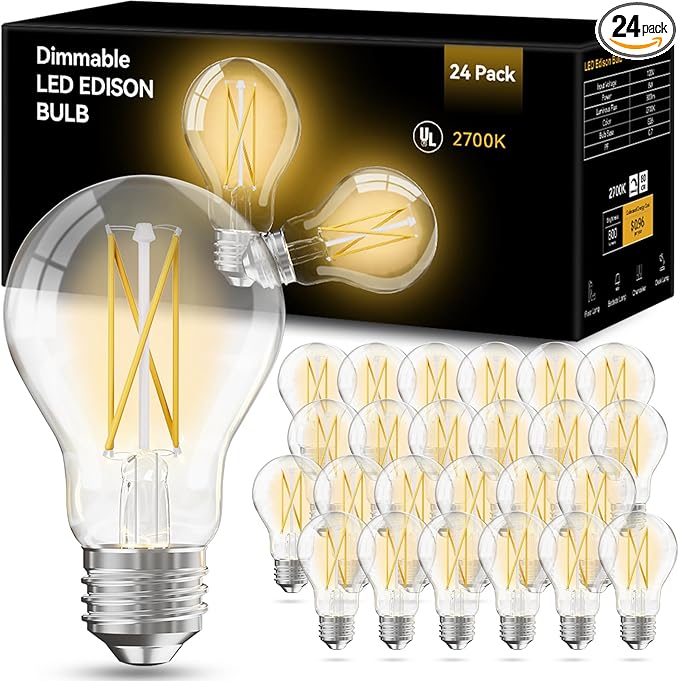 VOLIVO 24 Pack A19 Vintage LED Edison Bulbs, Dimmable, 60W Equivalent, High Brightness 2700K Warm White, 7W E26 Standard Base, CRI80+, 800 Lumens, Clear Glass Filament Bulb for Home, Farmhouse