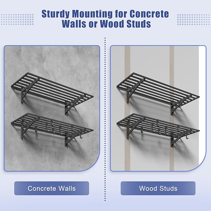 2-Pack 1.5x4ft Garage Shelving Wall Mounted, 1.5' x 4' Heavy Duty Garage Storage Shelves with Hooks, 400LB Capacity